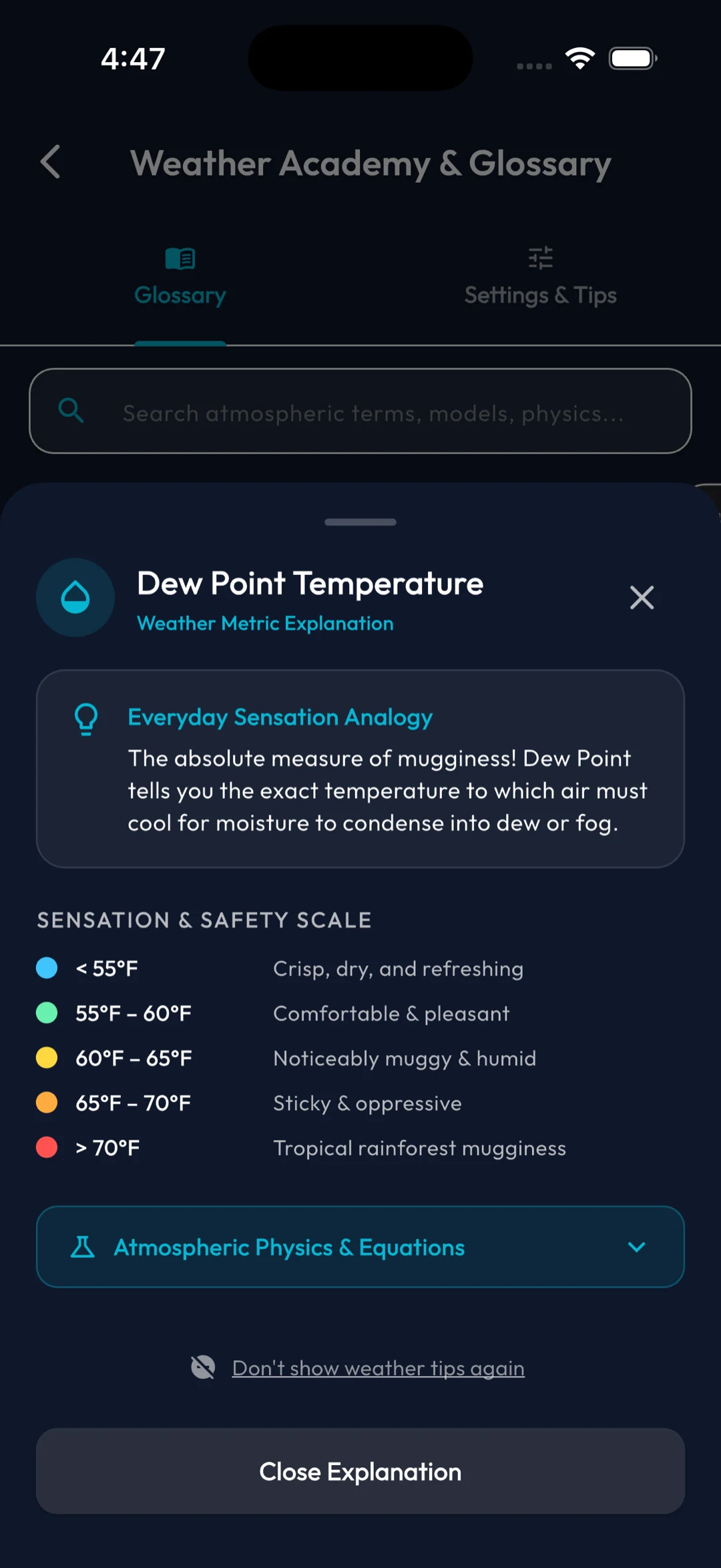 The Dew Point Temperature explanation sheet, showing an everyday sensation analogy, a five-band sensation and safety scale from crisp under 55°F to tropical rainforest mugginess above 70°F, and a collapsed atmospheric physics section.