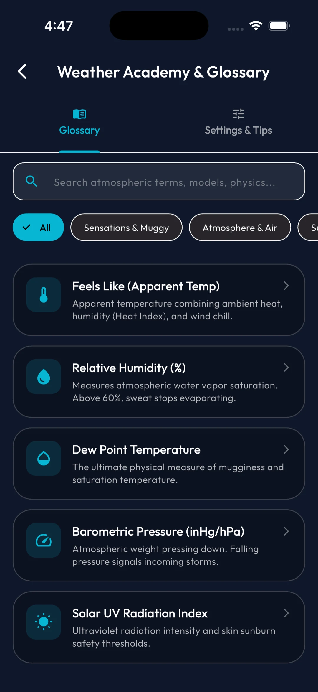 The Weather Academy and Glossary screen with a search field, category filter chips, and entries for Feels Like, Relative Humidity, Dew Point Temperature, Barometric Pressure and Solar UV Radiation Index.