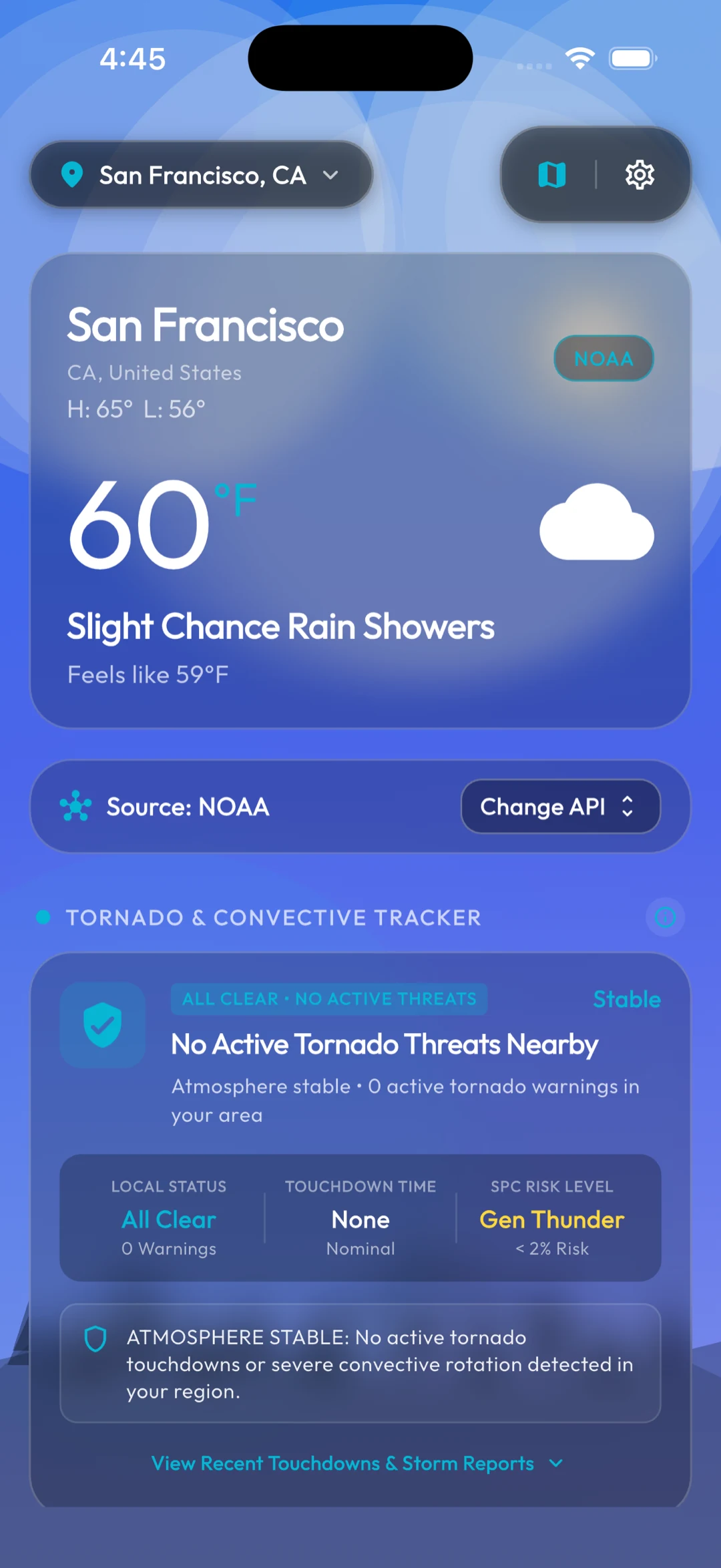 Sensecast home screen with current conditions for San Francisco and the tornado and convective tracker below, showing all clear, no touchdowns and a general thunder SPC risk level.
