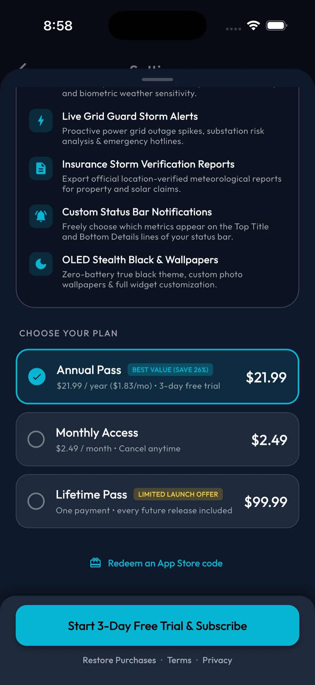 The Sensecast Pro plan chooser showing Annual Pass at $21.99 marked best value with 26% off, Monthly Access at $2.49, and a Lifetime Pass at $99.99 marked limited launch offer, above a link to redeem an App Store code.