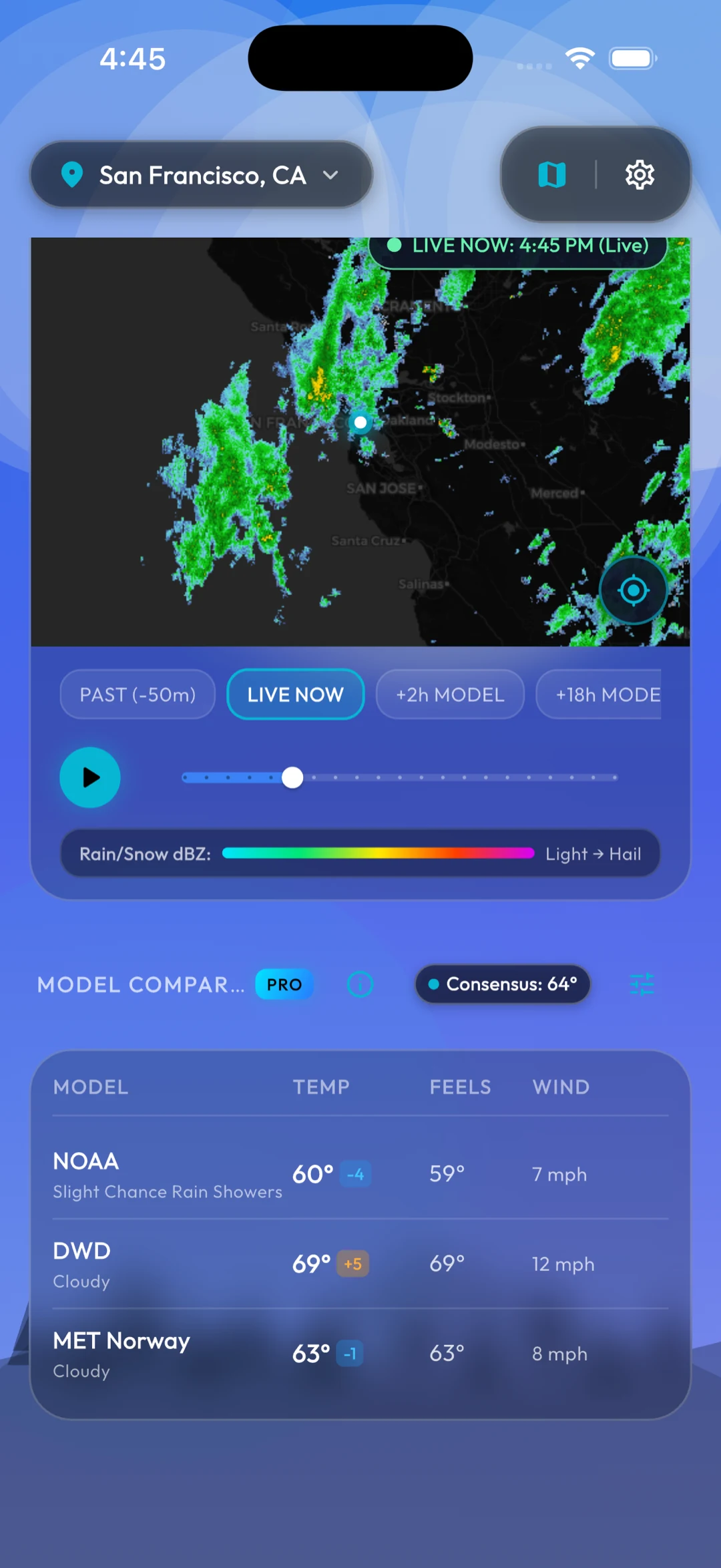 Live Doppler radar over the San Francisco Bay Area with green and yellow precipitation returns, a timeline scrubber, a dBZ legend, and the multi-source model comparison table below showing NOAA 60°, DWD 69° and MET Norway 63°.