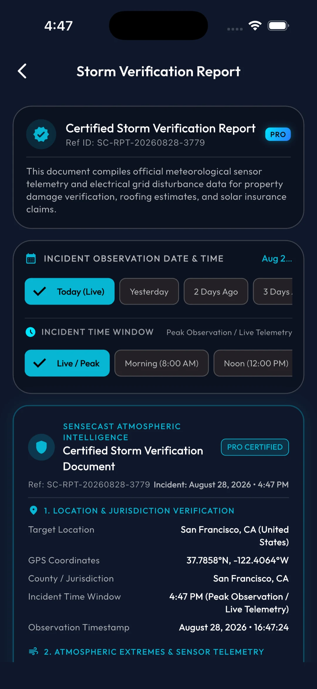A Certified Storm Verification Report with reference ID SC-RPT-20260828-3779, incident date and time window selectors, and a location and jurisdiction verification block.