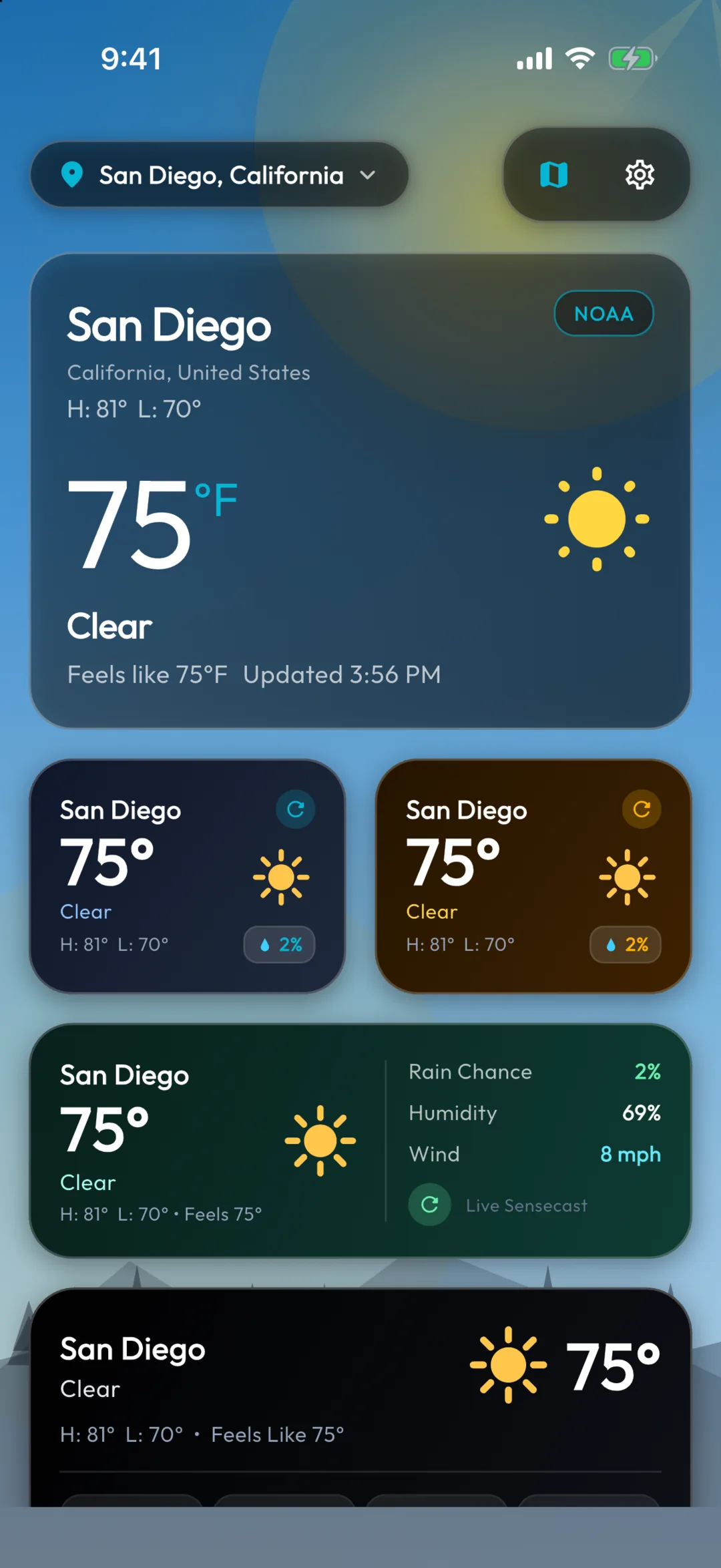 The Sensecast Widget Board layout showing San Diego at 75°F and clear in a hero card, with glass widget previews beneath it — two small squares in different accent colours, a wide medium card showing rain chance, humidity and wind, and a large card.